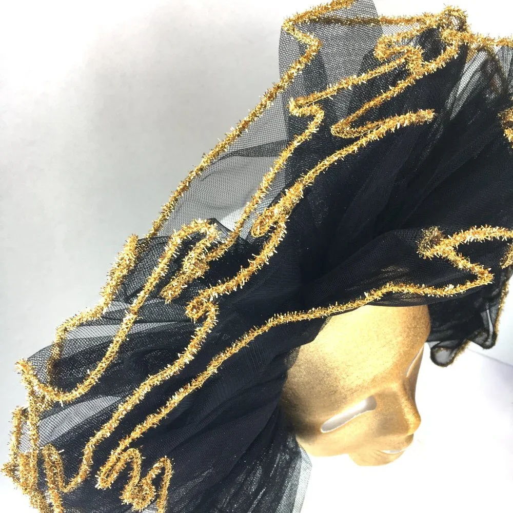 Vintage Venetian Gold Fabric Mask w/ Blk Net Ruffles NOS NWOT